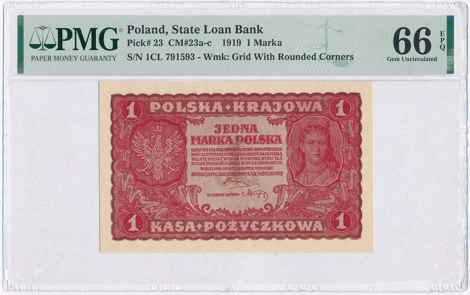 1 marka polska 1919 seria I-CL, PMG 66 EPQ (2 MAX) - PIĘKNE